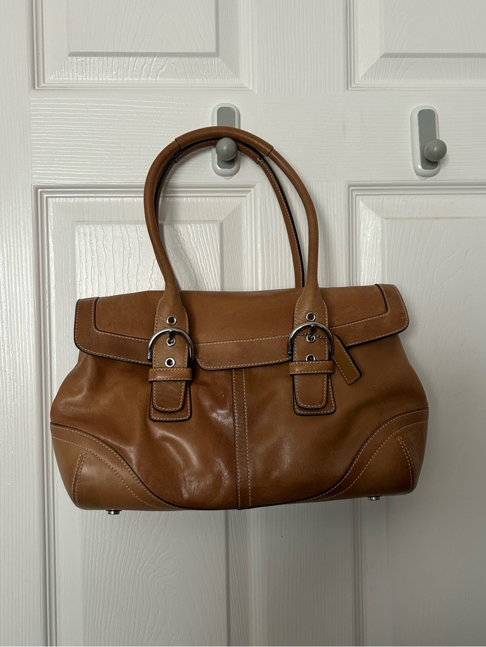 Coach Classic Tan Leather Shoulder Bag with Buckle Accents